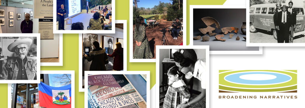 Collage of images from 10 grantee organizations with text Broadening Narratives