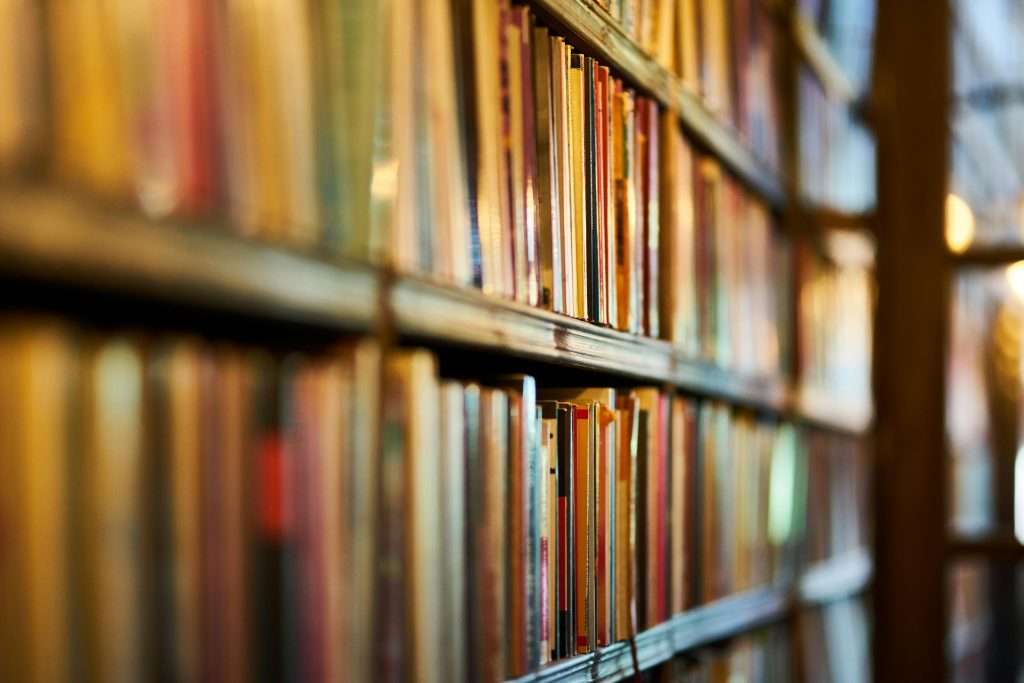 bound books or magazines on shelves